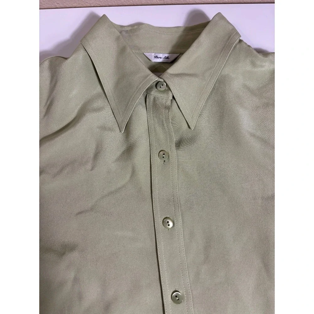 Talbots Pure Silk Shirt Womens 16 Green Long Sleeve‎ Classic Collared Button Up